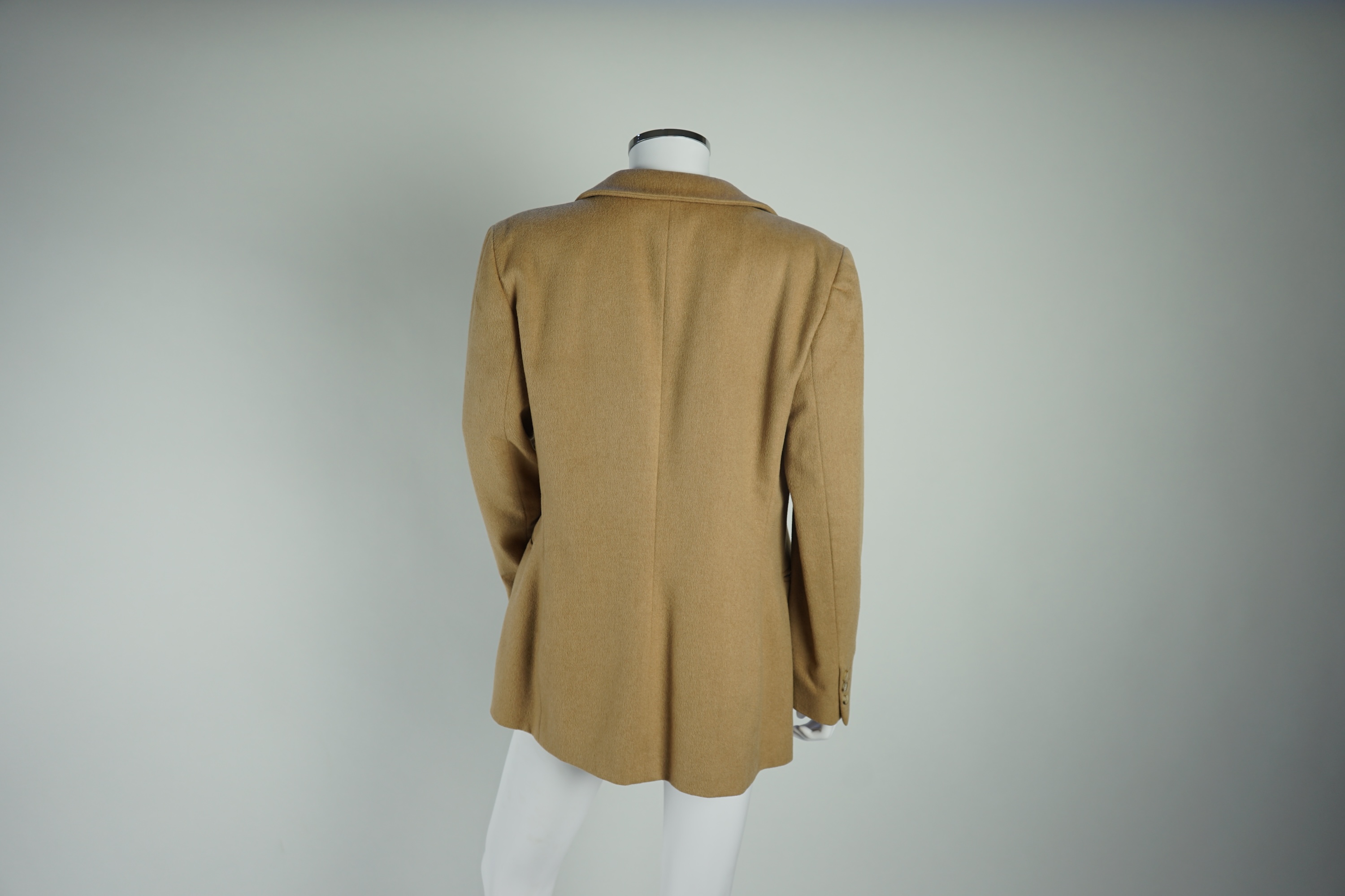 A Max Mara lady's brown pinstripe skirt suit and a Giorgio Armani camel cashmere? single breasted jacket, Suit Size 12 and jacket size EU 42